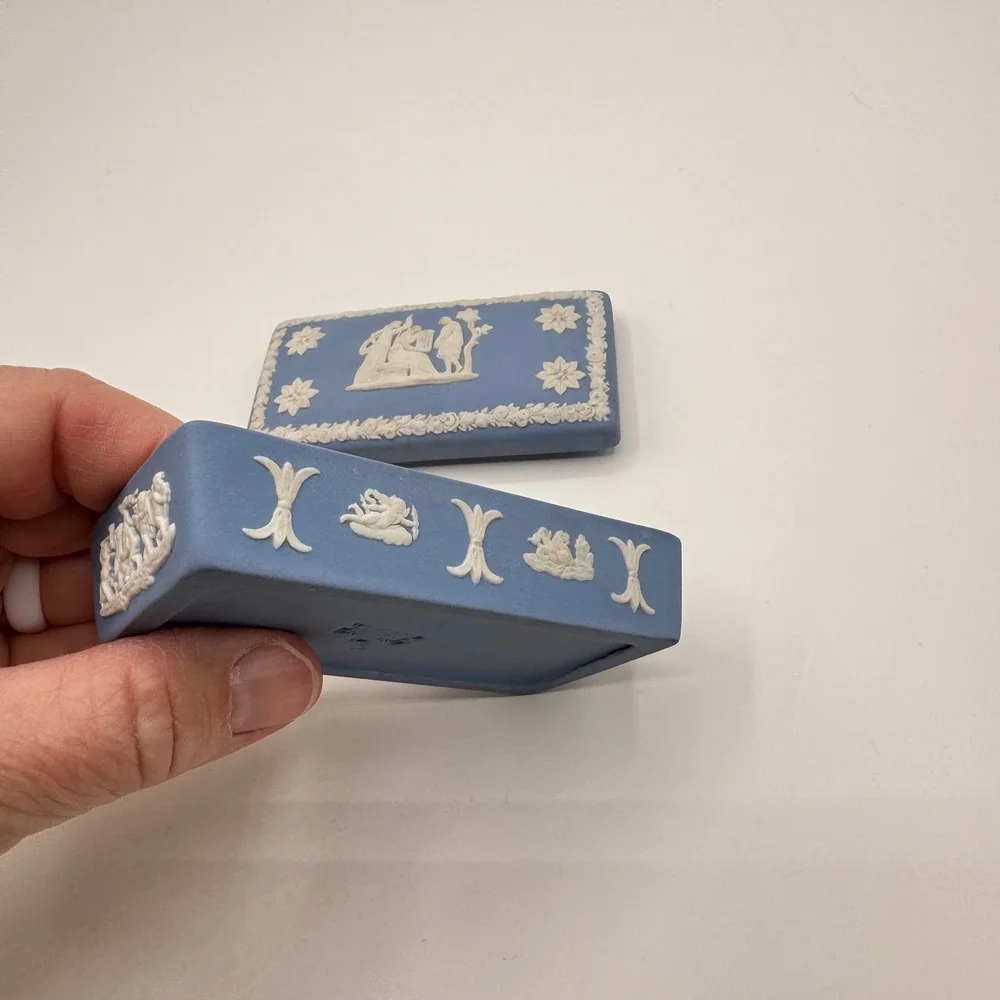 Wedgwood Blue Jasperware Rectangular Trinket Box Neoclassical Made in England